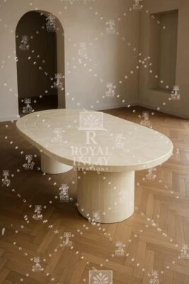 Elliptische Selenit Esstisch – Minimalistische Oval Design IN Poliert Stein - Bild 1 von 4