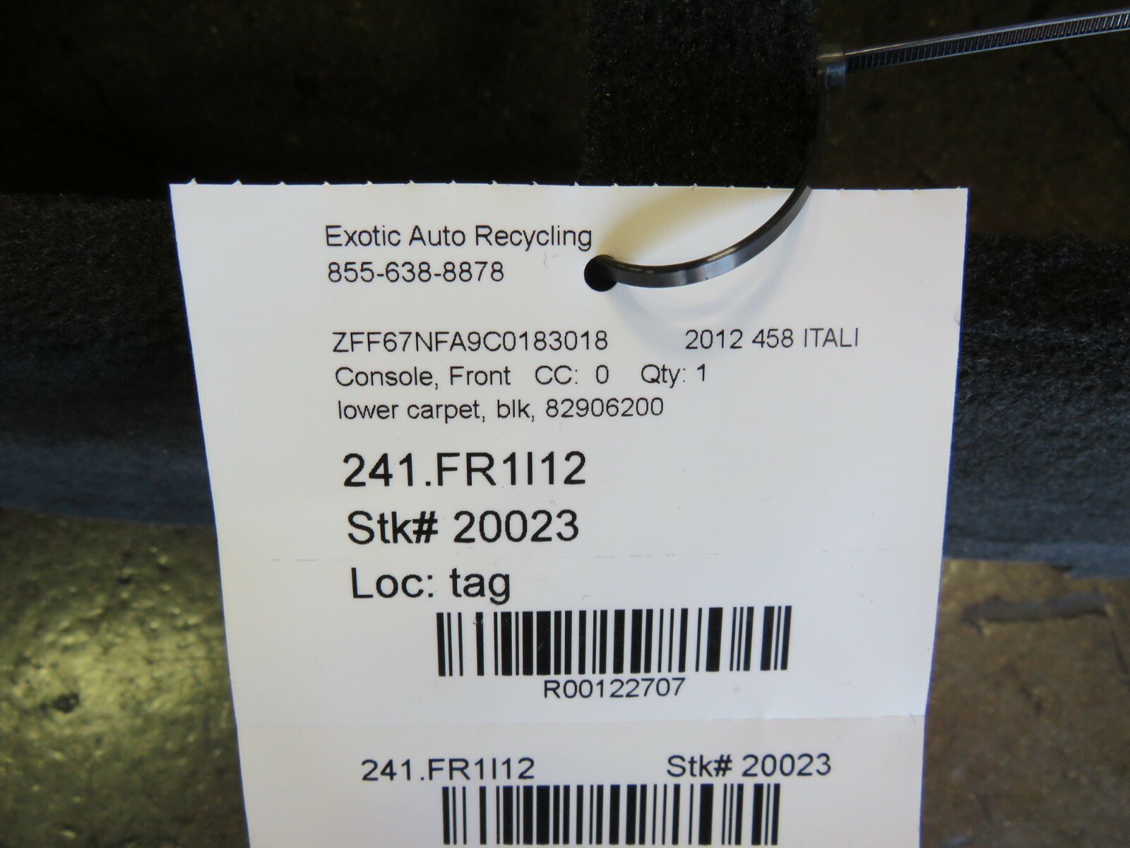 Ferrari 458 Italia, Center Console Lower Carpet, Black, Used, P/N 82906200