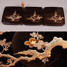 Japanese Wooden Lacquer Set of 3 Legged Tray Gold Moon&Plum Blossom Tea Ceremony