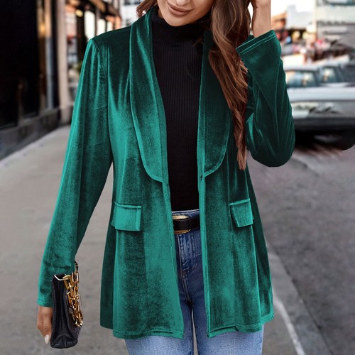 Damen Samt Cardigan Blazer Büro Arbeit Kurzmantel Anzugjacke mit Tasche - Bild 7 von 34