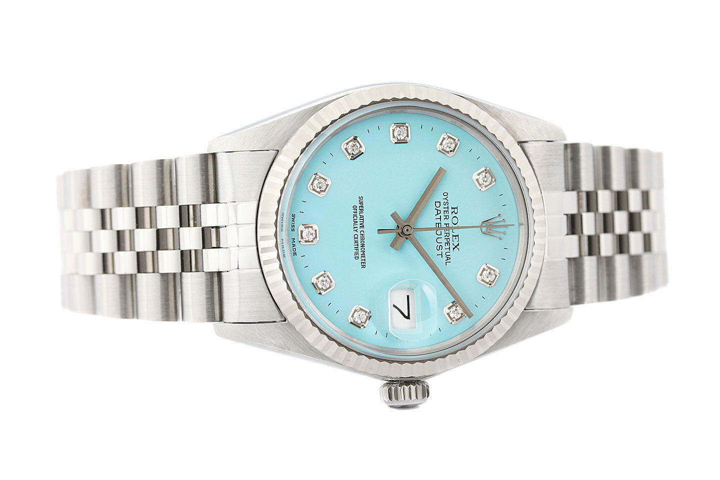 Rolex Mens Datejust 18K White Gold Steel Aqua Blue Diamond Dial Watch