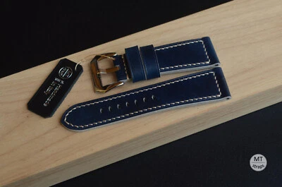 MTstraps Bracelet Montre Panerai Luminor Cuir Bleu Tamponné 26 mm 2 Pièces - Photo 1/4