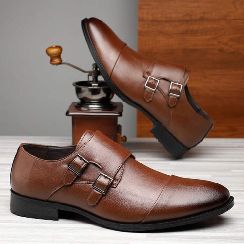 Men's Business Leather Shoes with Pointed Toe and Buckle Formal Dress Shoes Anti