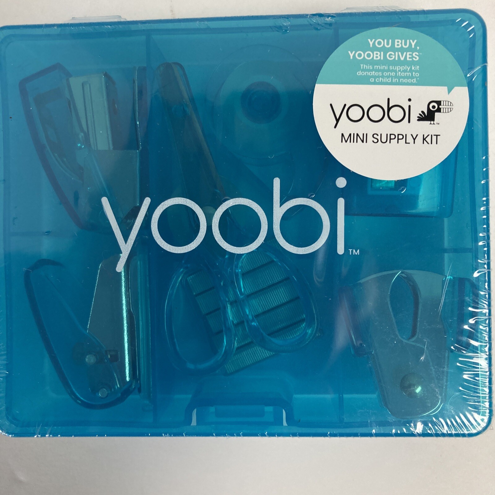 Yoobi Mini Office Desk Supply 8pc Kit, Storage Box Blue Staple Scissors