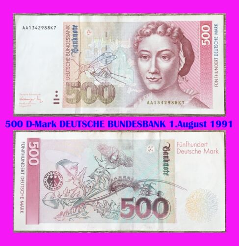 Ⓜ️ 500 Deutsche Mark ☘️ 1.August 1991 💥 DM Schein Bundesbank 🍄 AA1342988K7 🌐 - Picture 1 of 3