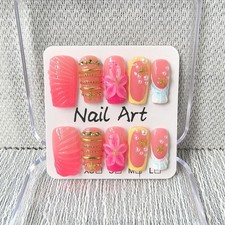 Handmade Press on Nails Medium Square Fake Nails Pink French Tip with 3D Gold...