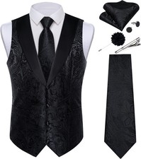 7PCS Mens Formal Paisley Vest Tie Set Silk Jacquard Waistcoat for Wedding Party