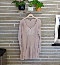 Free People Jolene Thermal Waffle Knit Tiered Button Up Oversized Henley Dress S