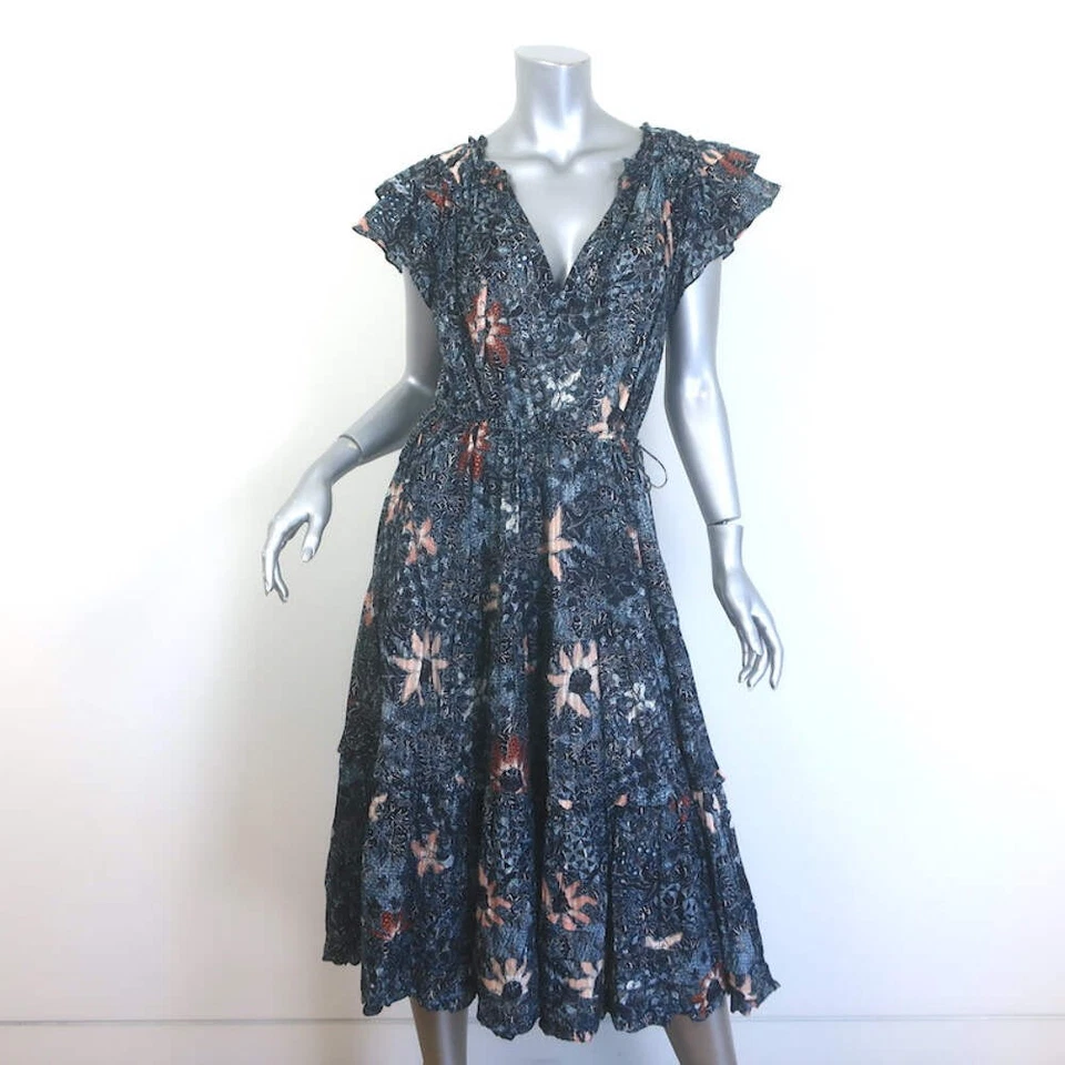 Vestido midi Ulla Johnson Rema manga acampanada en capas azul marino estampado floral talla 6 Foto 2 de 4