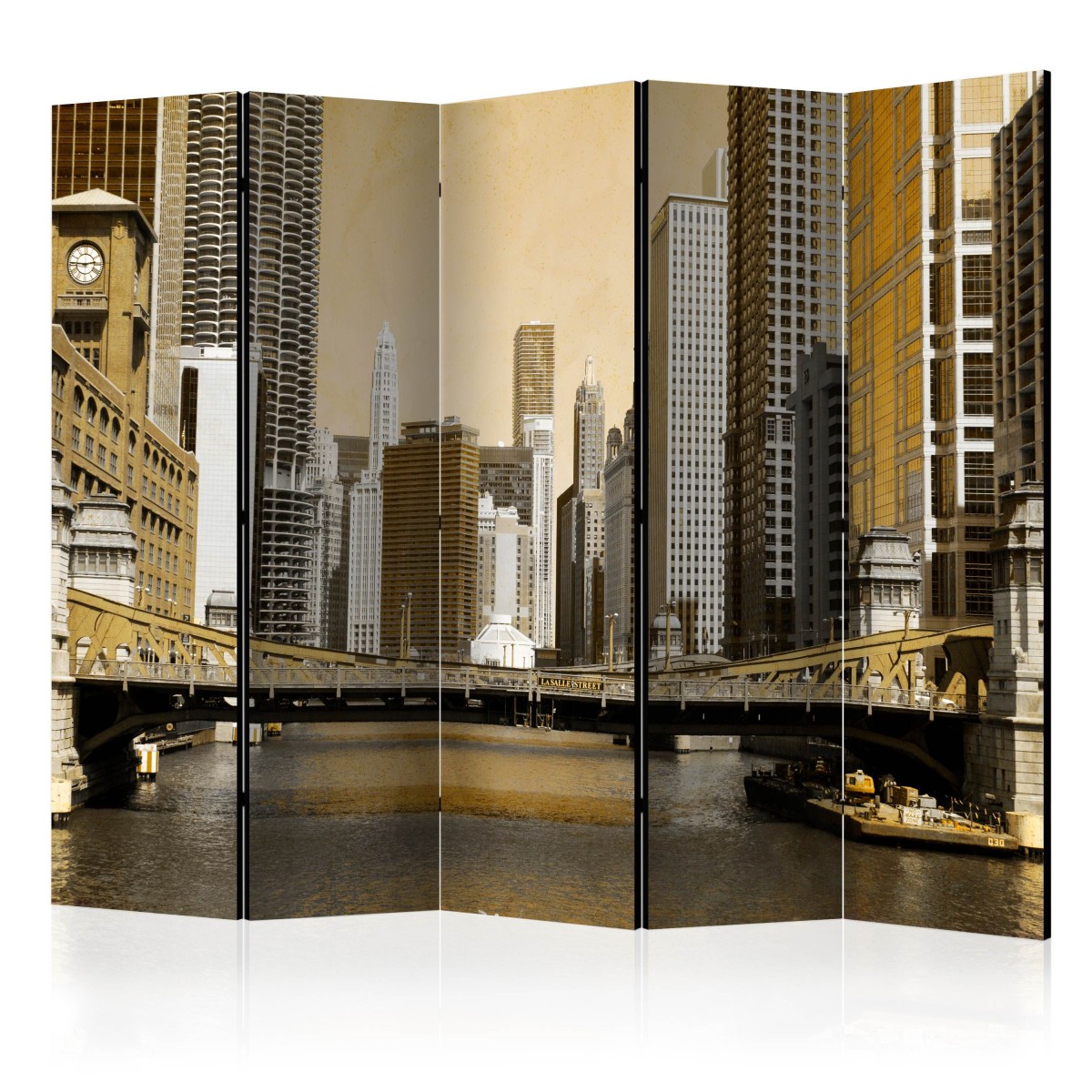 Paravent 5 volets Chicago's Bridge effet vintage 172x225 cm en bois léger