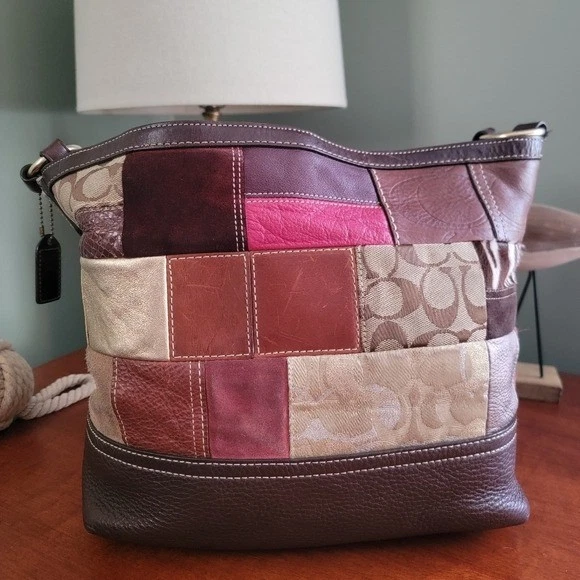 Bolso de Mano Coach 10434 Patchwork Cuero Gamuza Pelo de Becerro Marrón Dorado Y2K Foto 3 de 4