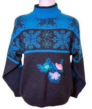Vintage Women's Blue Apres Ski Lodge Sweater Mock Neck Fair Isle Nordic Size Med