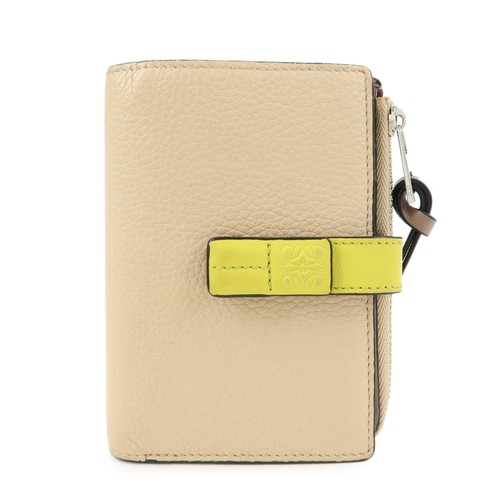 LOEWE Anagram Leather Compact Wallet Beige Yellow Authentic Used F/S