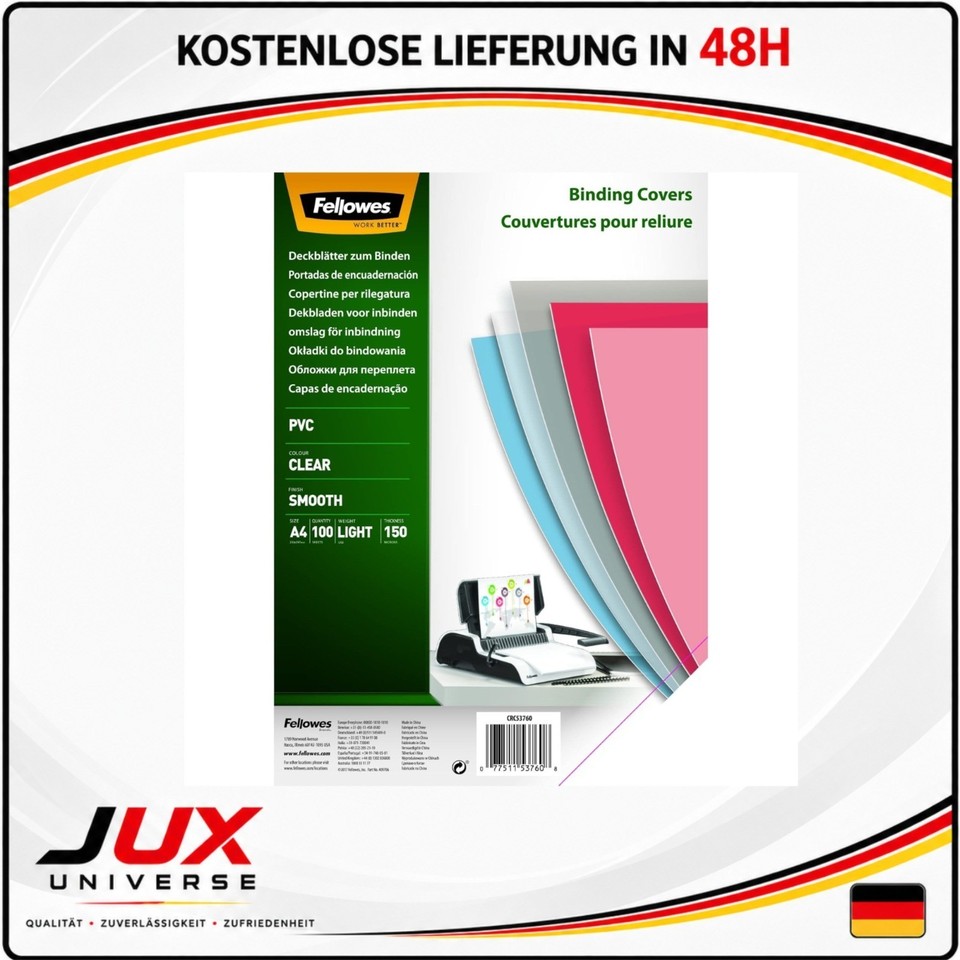 Fellowes Couvertures reliure A4 transparentes PVC 150 microns 100