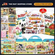 3-Pack Reusable Sticker Books for Toddlers 2-4, Vehicles, Animals Farm Fun Tra