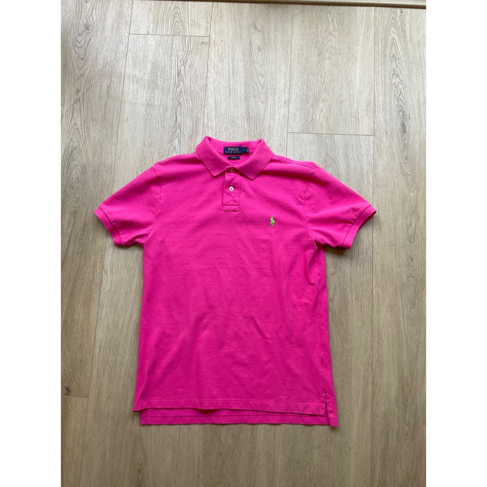 Polo Ralph Lauren Mens Slim Fit Pink Polo Shirt Lime Green Pony Logo Size Large