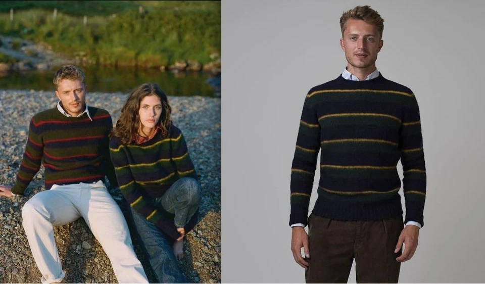 Drakes Navy Green Yelow Wool 100% Knit Border Sweater Size 46 Made in Italy - Image 2 of 4