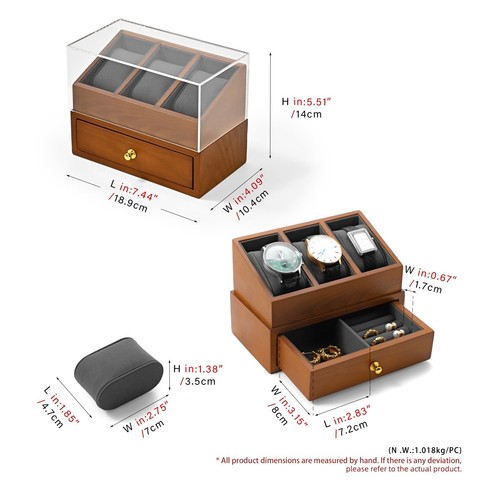 Solid Wood Watch Display with Acrylic Cover - 3 Slots Watch Case with Drawer ... - Picture 7 of 9