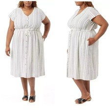 Briggs Plus Size Striped Button Front Midi Dress Linen Blend Short Sleeve 3X