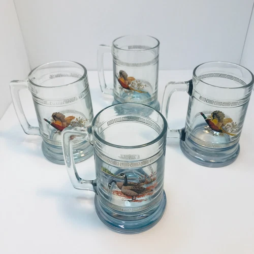 Set of 4 Vintage Beer Mugs Princess House Glass Colonial Pheasant Geese 70's