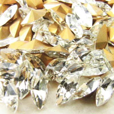 (20) 10 x 5 Vintage Czech Clear Navette Rhinestones Gold-Foiled Pointed Backs