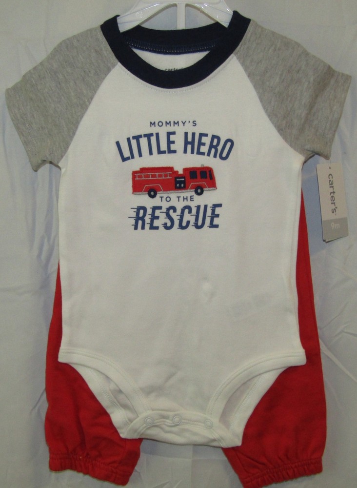 NEW CARTERS BABY BOYS FIRETRUCK BODYSUIT AND RED PANTS 2-PIECE SET 6M 9M 12M