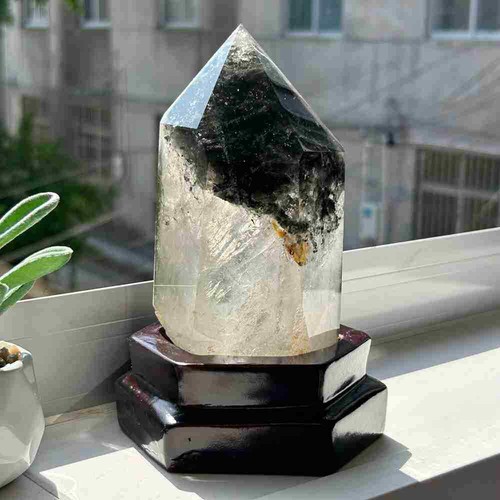 Varita torre de cristal obelisco de cuarzo fantasma natural de 1,2 lb punta y soporte - Imagen 3 de 22