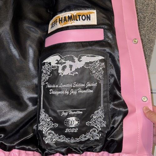 Jeff Hamilton NBA Logo Collage Vegan Pink Leather Jacket Men’s 2XL New Read - Picture 11 of 17