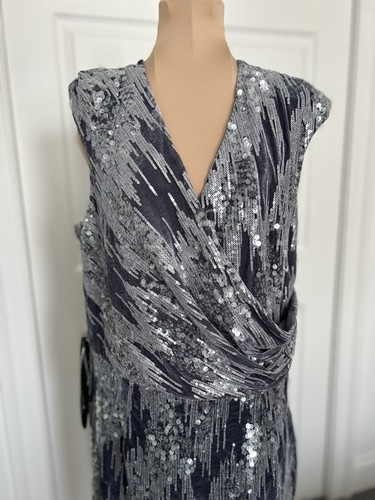 JS Collections June Sequin Velvet Faux Wrap Cocktail Dress in Gray/Silver Sz 16 - Picture 8 of 17
