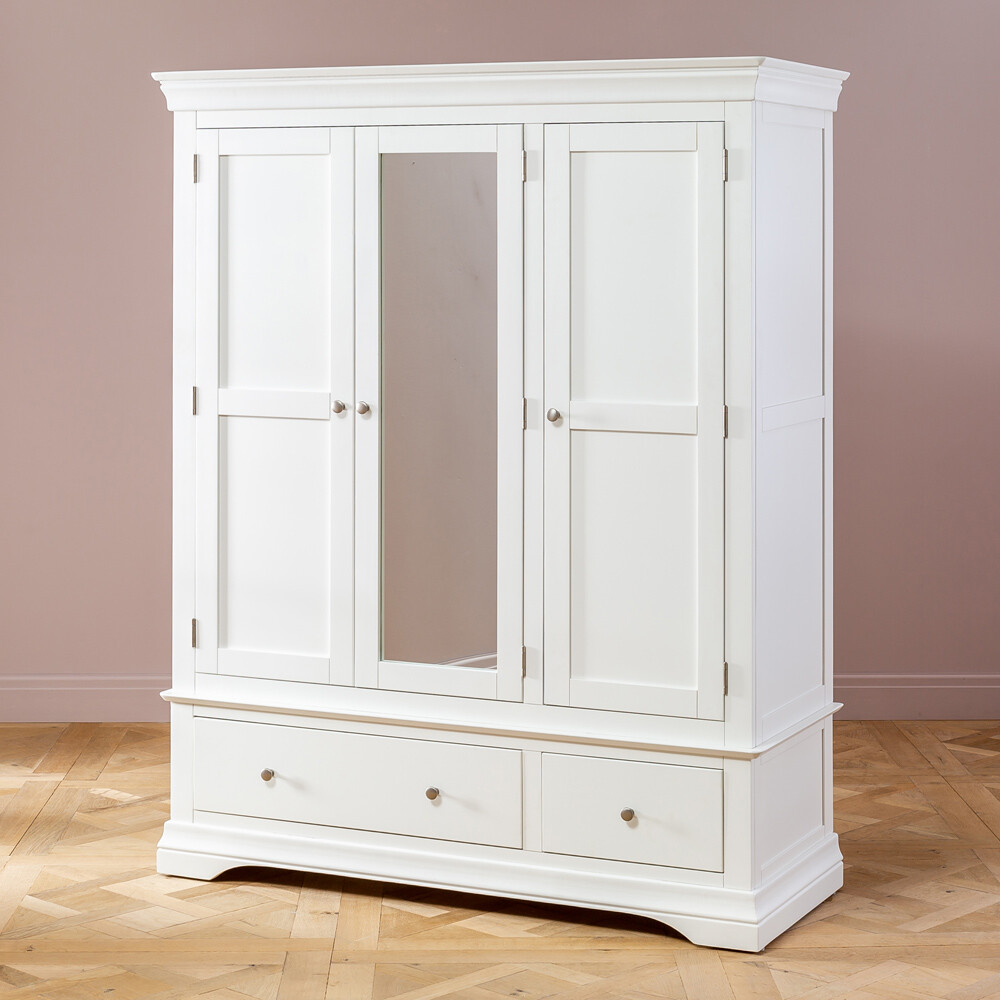 Wilmslow White Painted 3 Door Triple Wardrobe with Mirror 2 Drawers