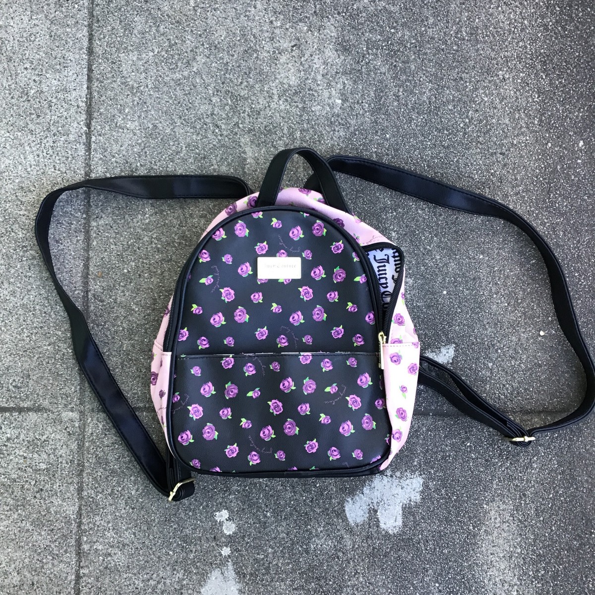 Floral Pattern Mini Backpack – Pink & Black by Unknown Pink and Black Floral Backpack for Teen Girls, Aesthetic  main image 2