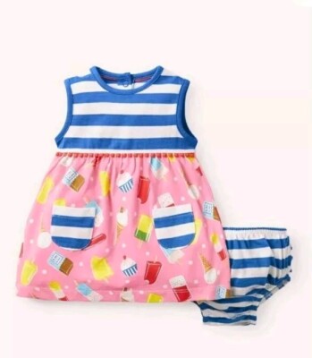 Mini Boden Mädchen Eis Druck Baumwolle Kleid Set Blau/Rosa Neu