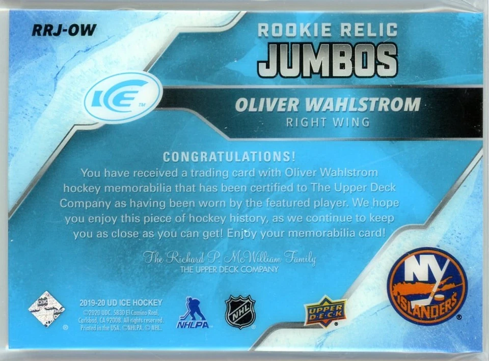 2019-20 Upper Deck Ice Rookie Relic Jumbos #OW Oliver Wahlstrom RC JERSEY /199 - Image 2 of 2