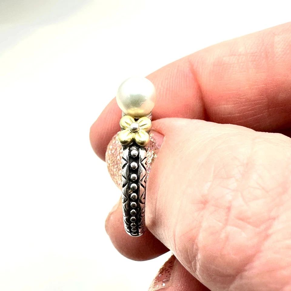Anillo Barbara Bixby Mujer Banda Perla Blanca Plata de Ley Oro 18K Talla 8 Foto 2 de 3