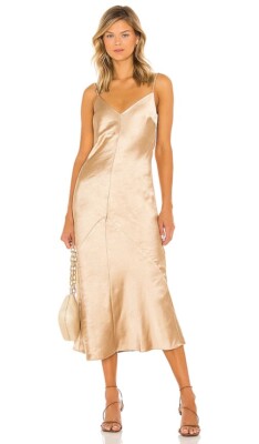 Line & Dot Dolly Satin Dress Gold Beige Slip Basic Party Cocktails M NWT $104