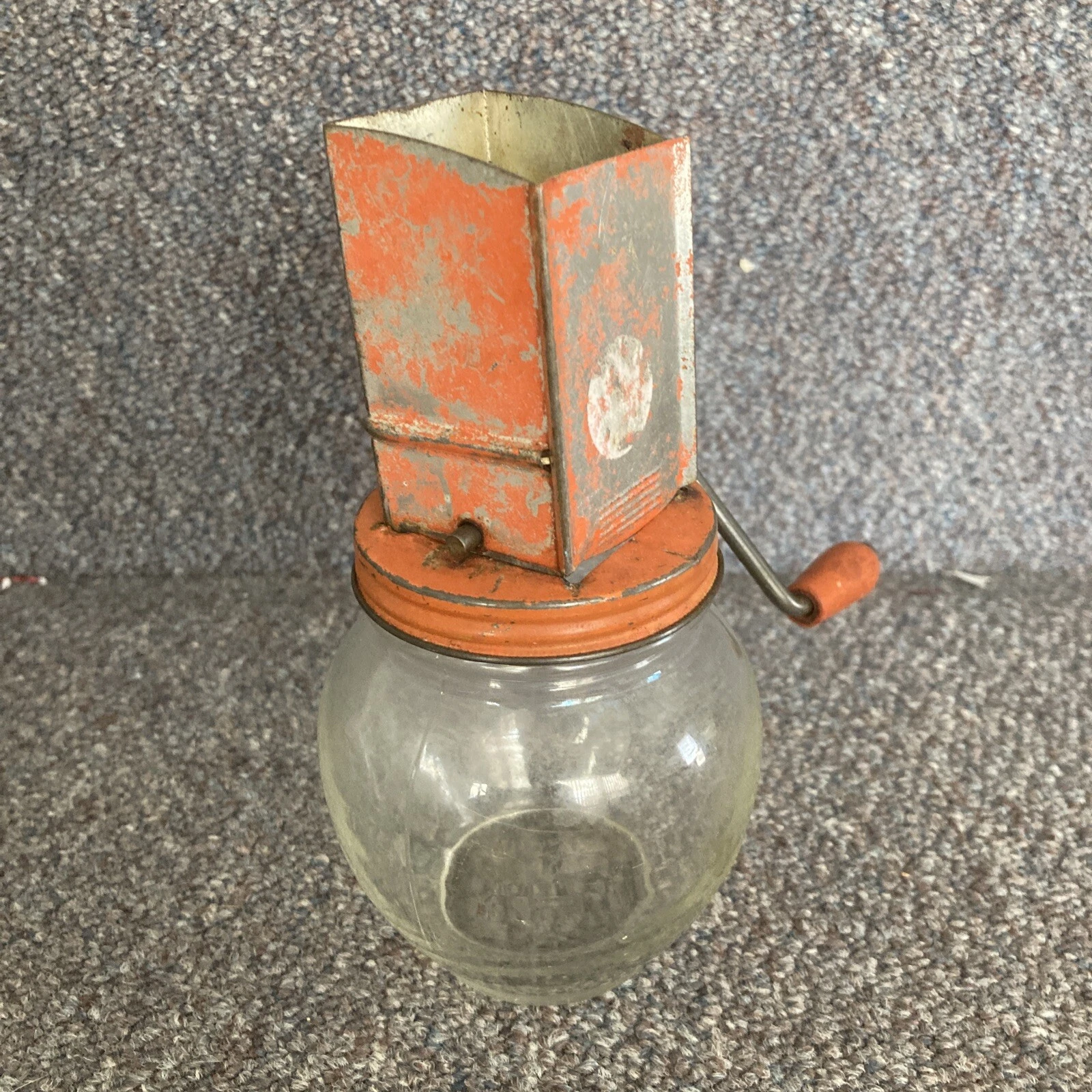 Vtg Androck Tin Top Nut Spice Chopper Grinder w/ Hazel Atlas Glass Jar