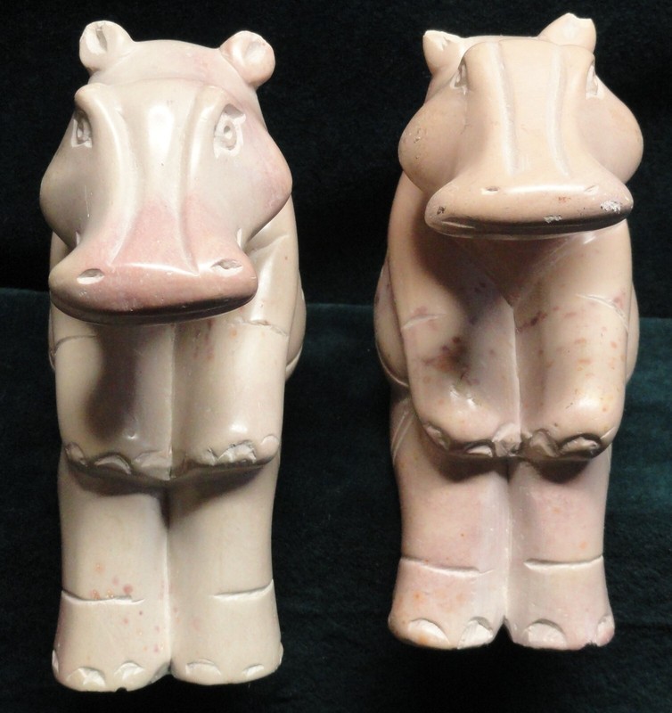 Vintage Pair Hand Carved Soapstone Seated Ledge Hanger Hippo Figurines Kenya