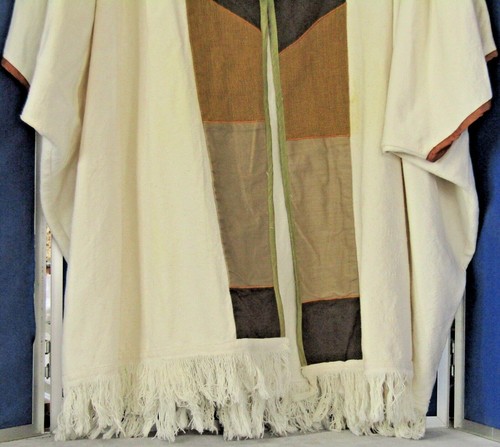 EUC Trendy UNLINED COAT Poncho w.Fringe & PATCHWORK by TAKASAMI Cream Brns& Grn - Picture 3 of 5