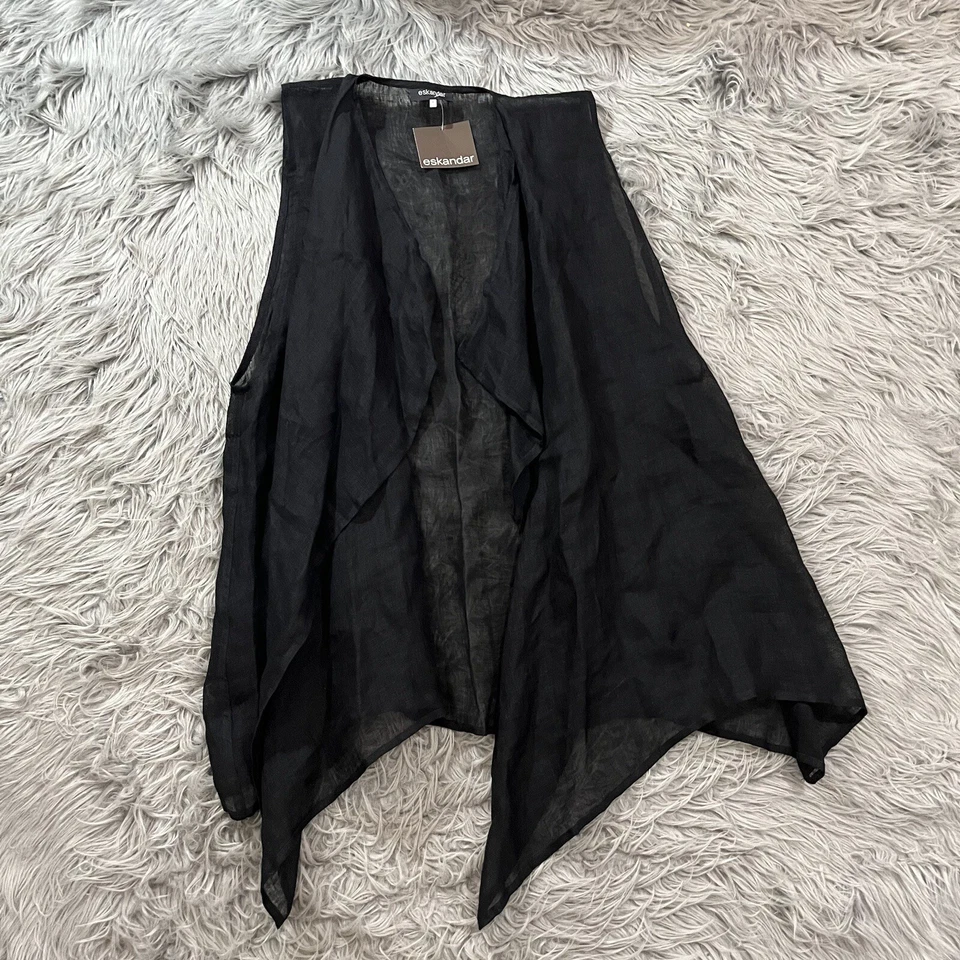 NWT Eskandar BLACK A-Line Full Long 100% Linen Waistcoat Vest Jacket Waterfall 1 - Image 2 of 4