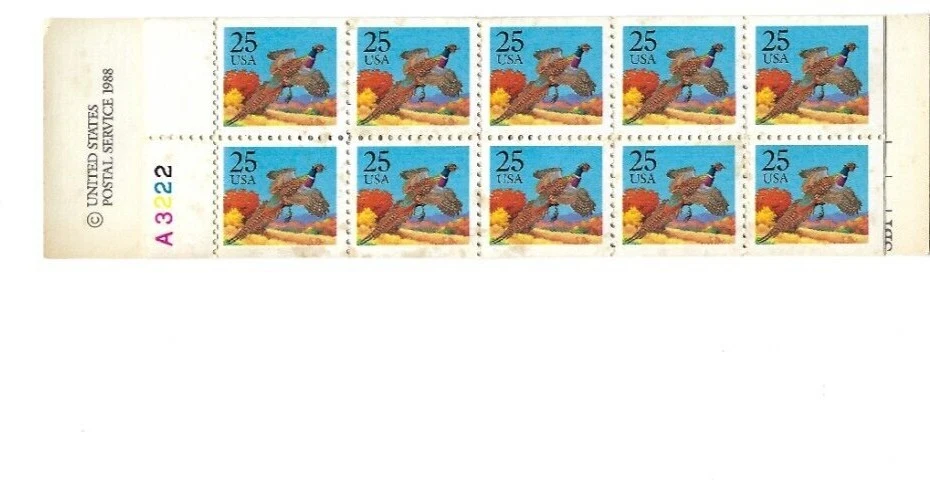 US Booklet Stamp Scott# BK159  Pheasant  $5.00 1988  MNH  P#A3222  - Image 2 of 2