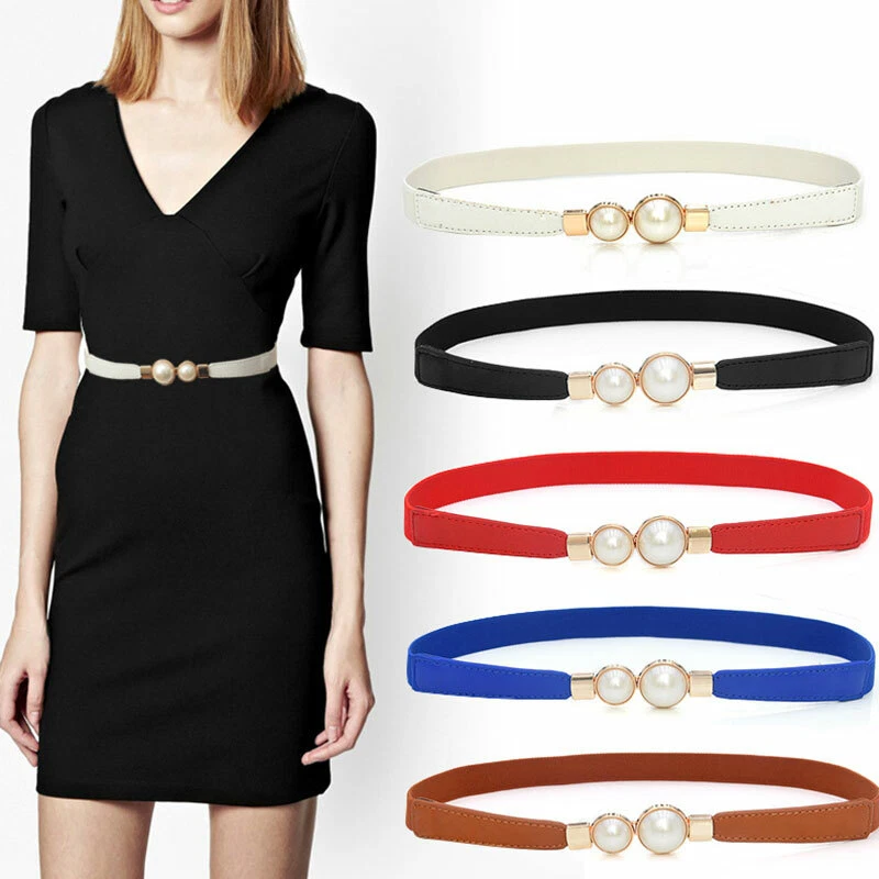 Women PU Leather Elastic Thin Waist Belt Double Pearl Belt Dress Decor Waistband