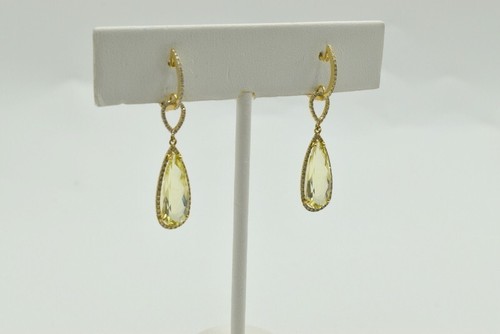 14k Yellow Gold Peridot Gemstone Diamond Teardrop Dangle Chandelier Earrings - Picture 5 of 14