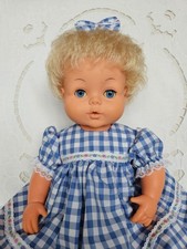 Palitoy Tiny Tears Doll ~16" Vintage Vinyl Baby Doll with Blue Gingham Dress Set