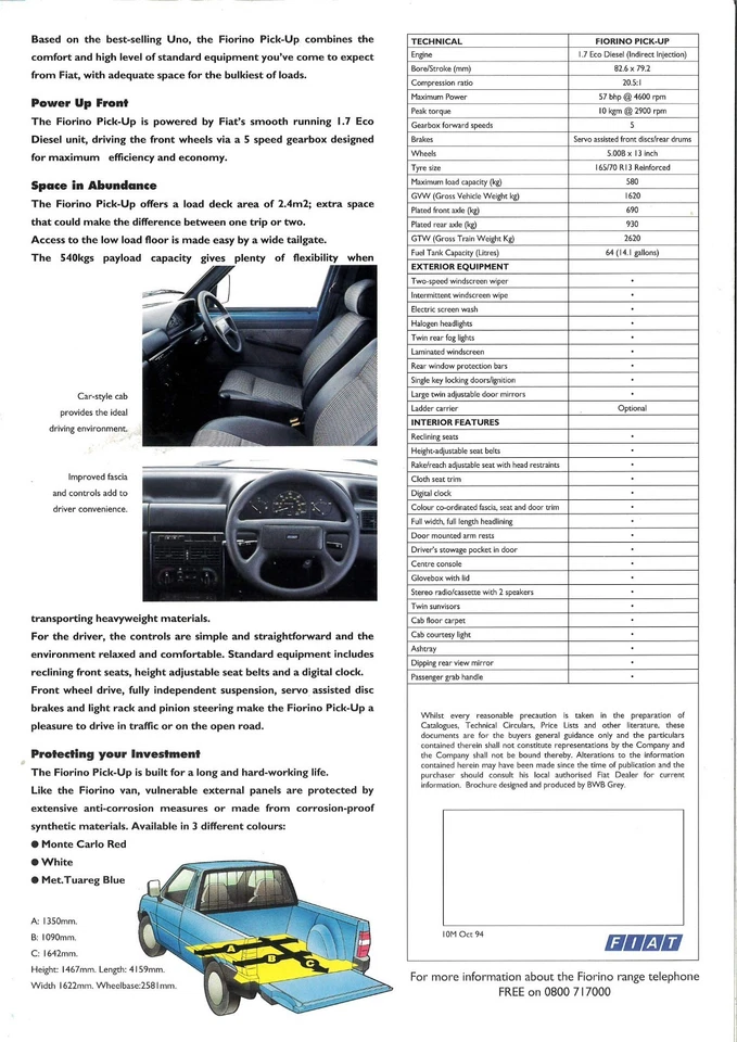 Catalogue brochure prospekt Fiat Fiorino base Uno pick-up 1995 UK - Royaume-Uni - Photo 2/2