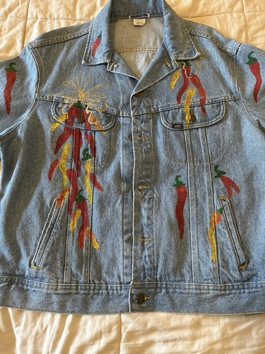 Vintage Lee Men’s Size L Blue Denim Jean Trucker Jacket Painted USA Made 90s - Picture 6 of 10