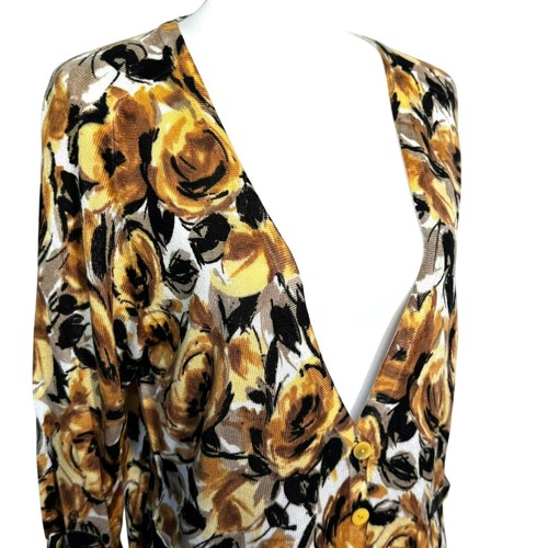 ELLEN TRACY NWT Women Large Yellow Roses Floral Bamboo Cashmere Cardigan Sweater