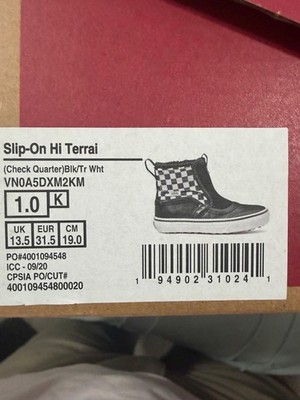 Vans Slip-On Hi Terrai Checkered High Top Bootie Boys Black/White Size 1