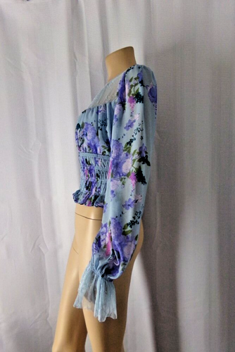 Free People Crop Tops Bluse Shirt Gr. Small blau Kombi Blumen Spitzenbesatz neu mit Etikett - Bild 4 von 6