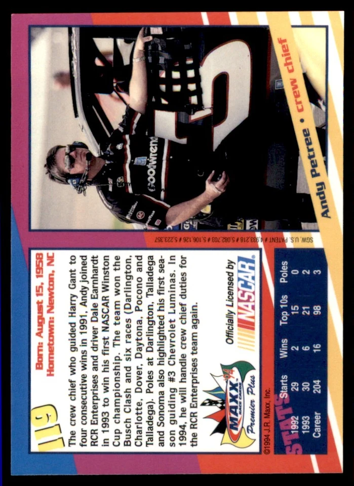 1994 Maxx Premier Plus Andy Petree Richard Childress Racing #119 - Image 2 of 2