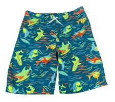 Boys Lands End Shark Print Swim Trunks XL 14-16 Elastic Waist Blue Multicolor